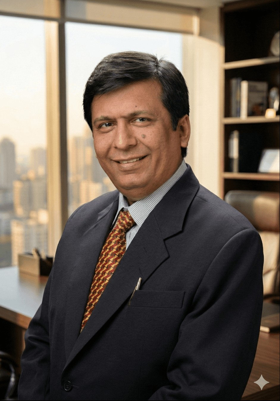 N.S. Fidai â SEBI Registered Research Analyst (INH000024930), photographed in a professional office setting with Mumbai skyline in the background